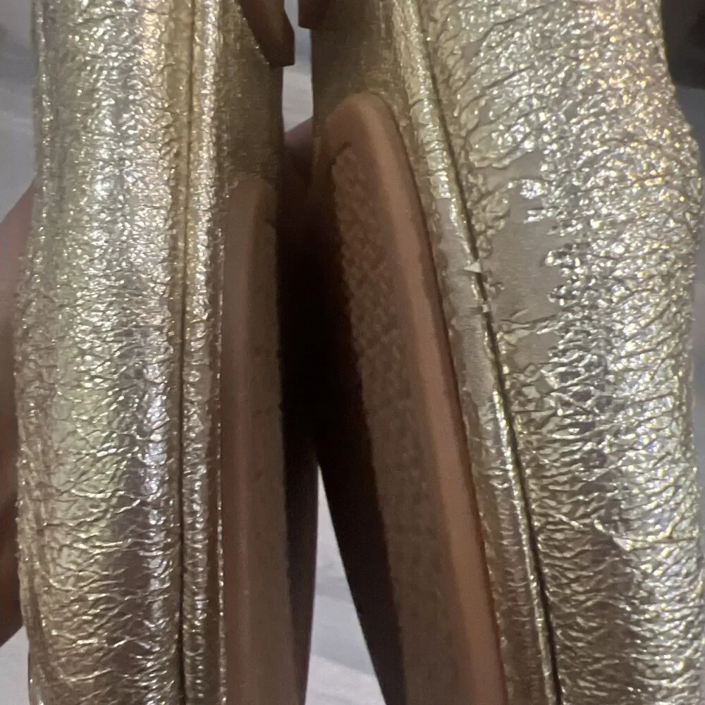 Tory Burch Gold Leather Logo Ballet Flats Womens US 9 M Round Toe Slip On